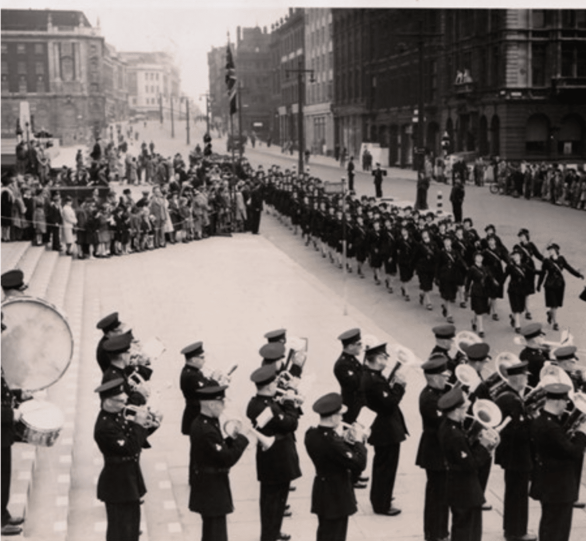 Black and white photo of firewomen in the Church Parade